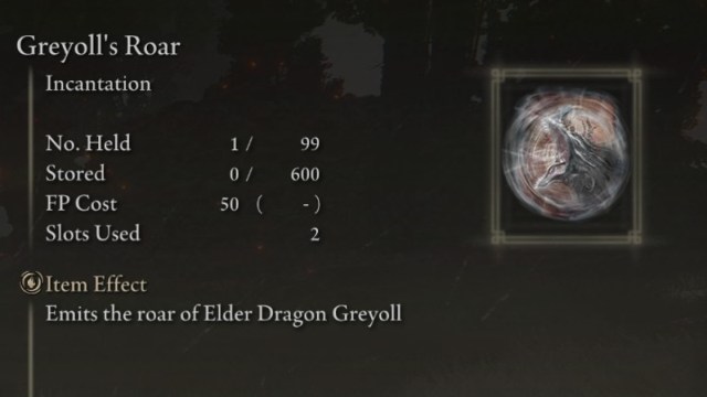 The Greyoll's Roar spell in Elden Ring, as it appears in the Magic inventory.