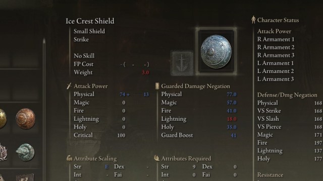 The Ice Crest Shield in the inventory of Elden Ring.