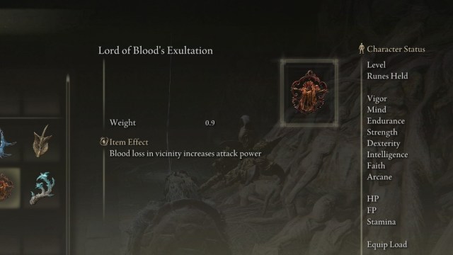 The Lord of Blood's Exultation Talisman in Elden Ring.