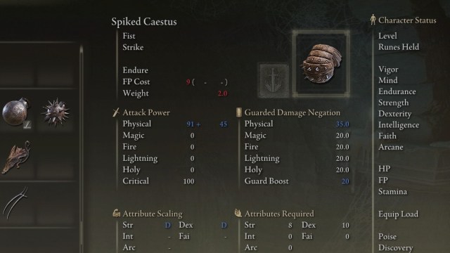The Spiked Caestus item in the inventory of an Elden Ring character.