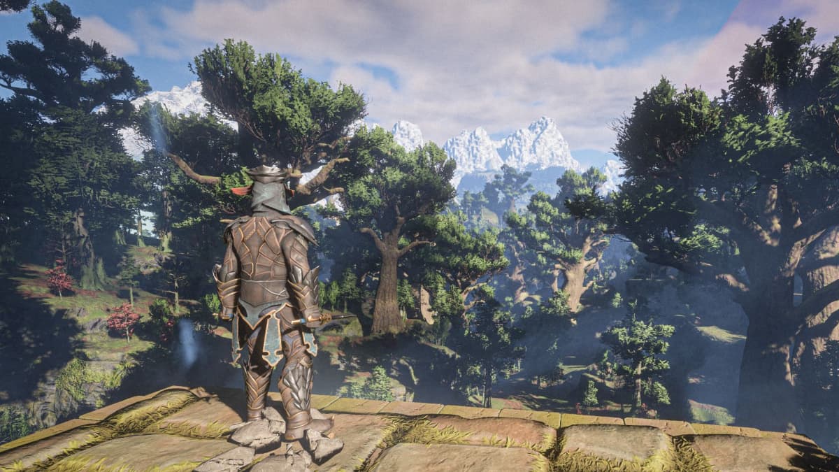 A character in Enshrouded looking over the Blackmire area.