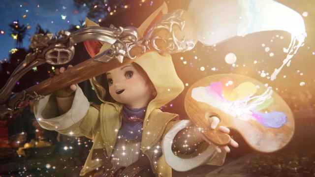 Krile, a female Lalafell from Final Fantasy 14, wields a magical paintbrush and palette as a Pictomancer, the new Magical DPS job in Dawntrail.
