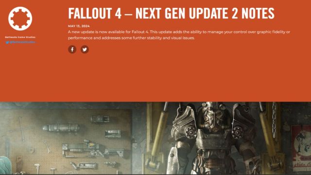 A screenshot from Bethesda's website showing the Fallout 4 next gen update 2 announcement.