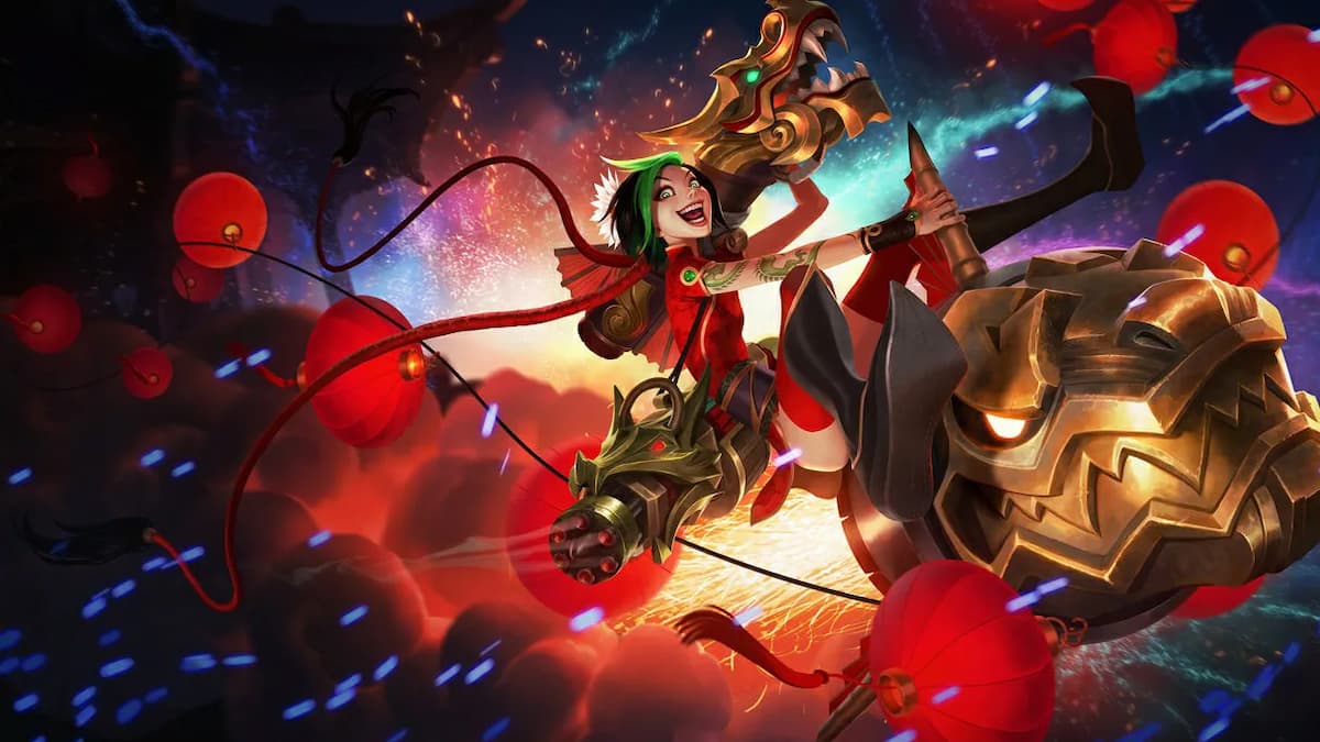 Jinx riding on a rocket and smiling