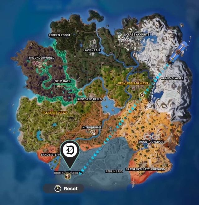 The Fortnite map in chapter five, season three with Brutal Beachhead marked.