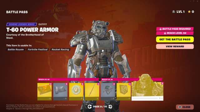 A Battle Pass page in Fortnite showing the Fallout Power Armor.