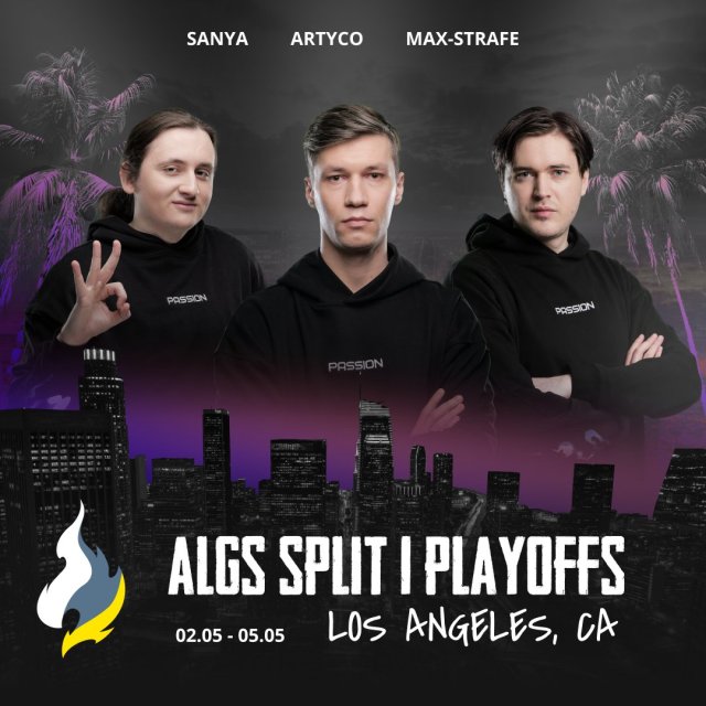 An ALGS graphic featuring the LA skyline and the PassionUA players.