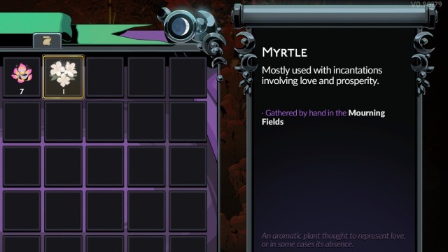 The Myrtle Flower in Melinoë's inventory in Hades 2.