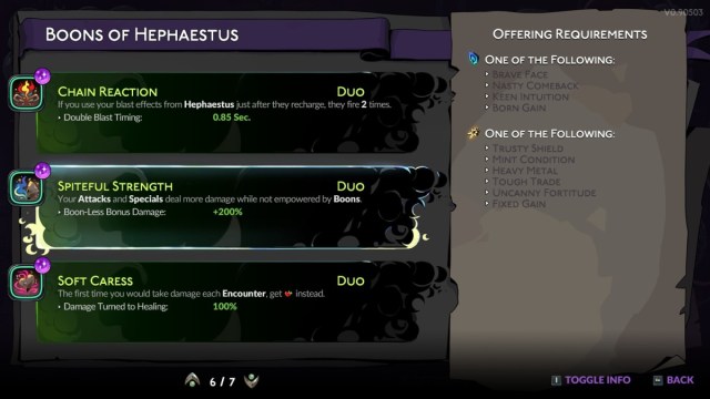 The Spiteful Strength Duo Boon in Hades 2, shown in the Book of Shadows menu.