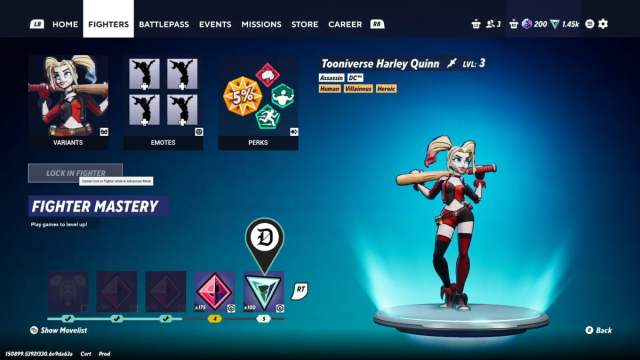 Harley Quinn's Fighter Mastery screen in MultiVersus and rewards.