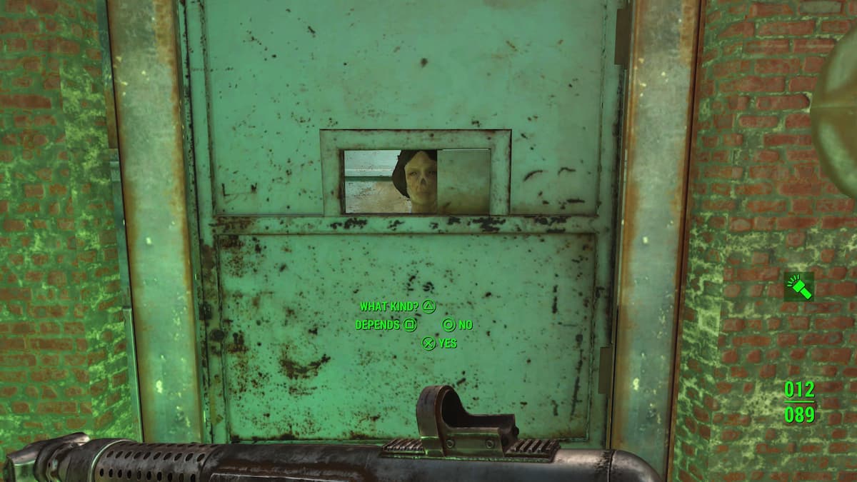 An in game screenshot of Bobbi No-Nose from Fallout 4