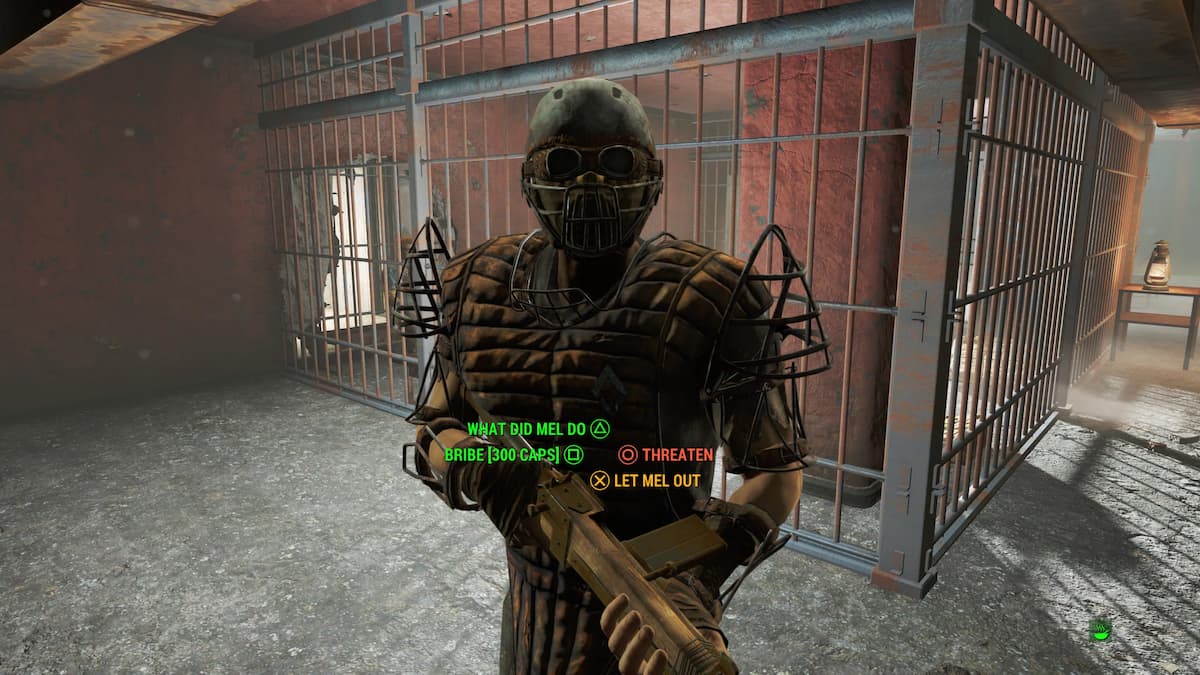 An in game screenshot of a Diamond City guard from Fallout 4