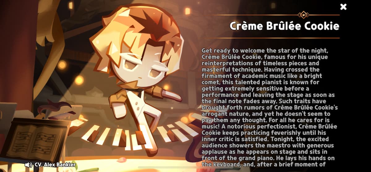 An in game image of Crème Brûlée Cookie from Cookie Run Kingdom