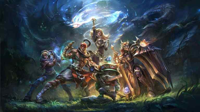 League of Legends splash art showcasing Teemo, Lee Sin, Lux, Leona, and Ezreal.