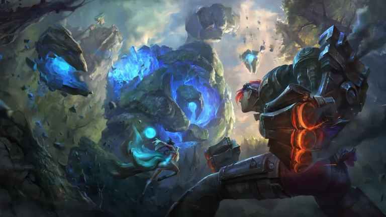 League of Legends splash art showing Vi fighting a blue buff.