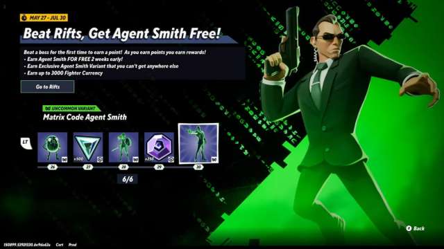 The Agent Smith event in MultiVersus showing rewards.