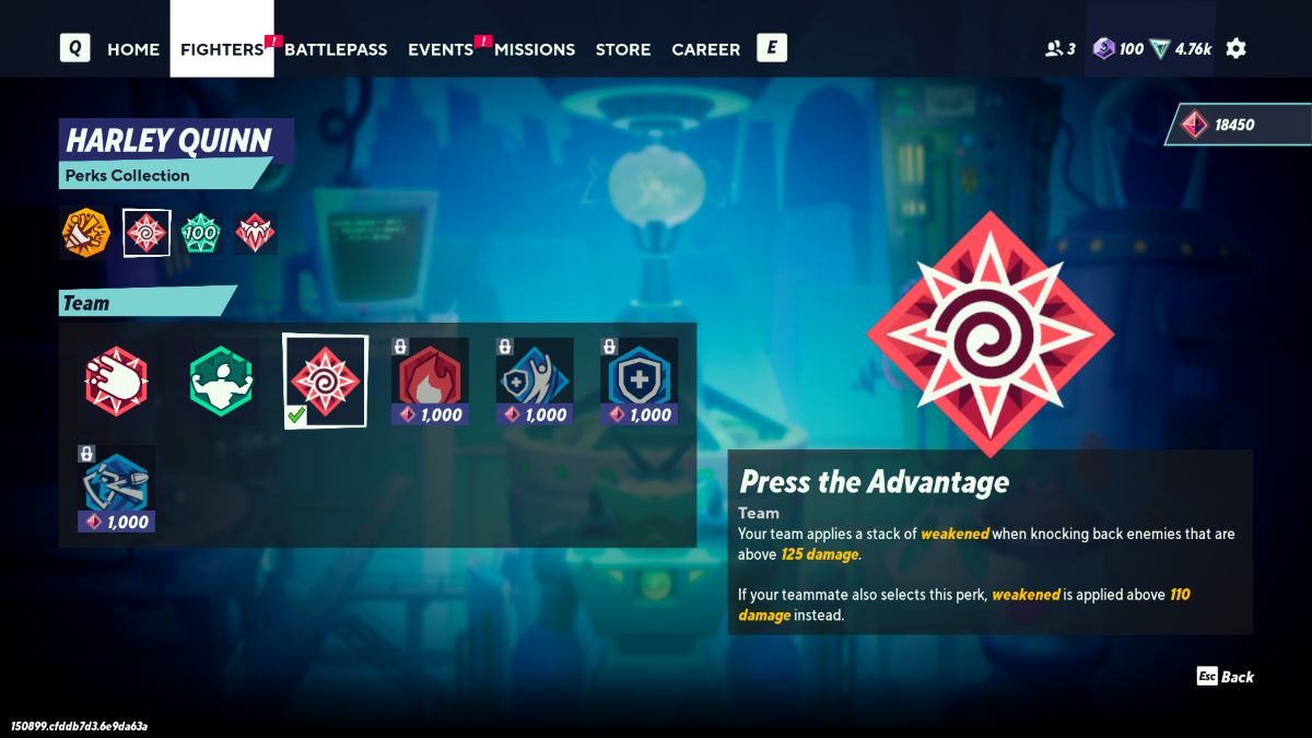 A MultiVersus screenshot that shows the Team Perks menu.