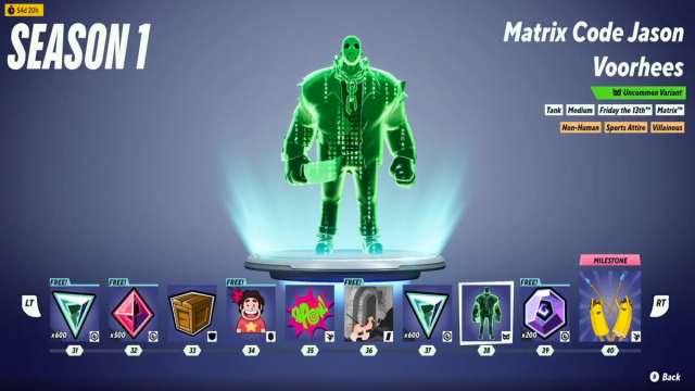 The MultiVersus season one battle pass showing Matrix Code Jason Voorhees.