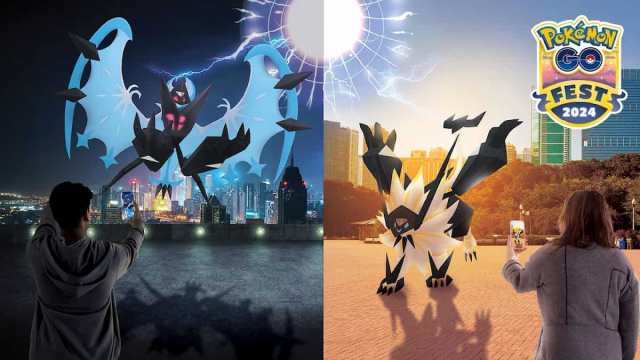 Players encountering both of Necrozma's fused forms in Pokemon Go.