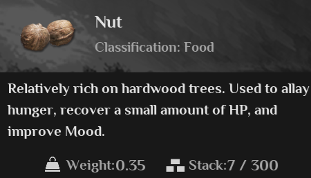 The description of the Nut item in Soulmask, showing a small chestnut-like nut