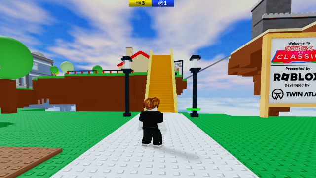 Character standing in front of the yellow stairs in Roblox.