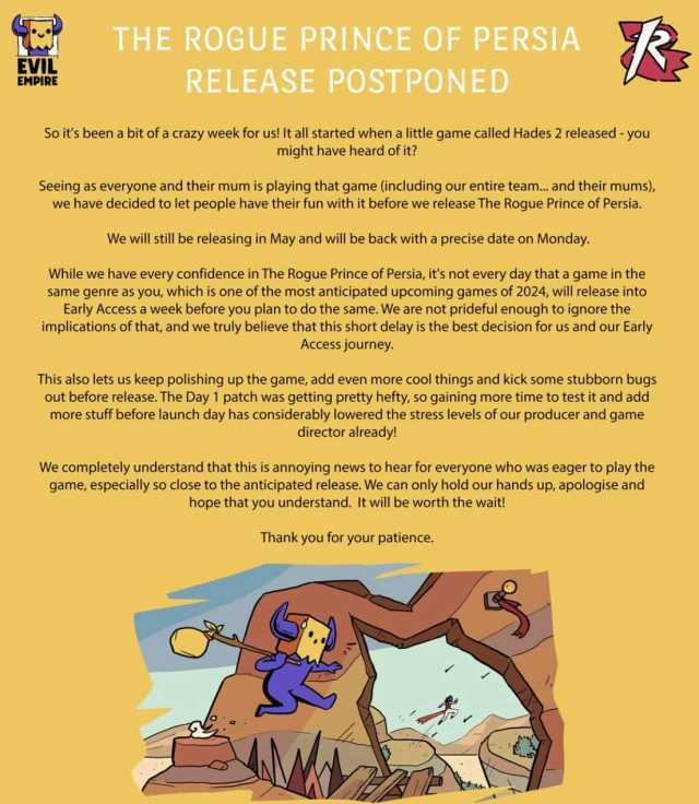 A screenshot of the announcement that The Rogue Prince of Persia game has been delayed.