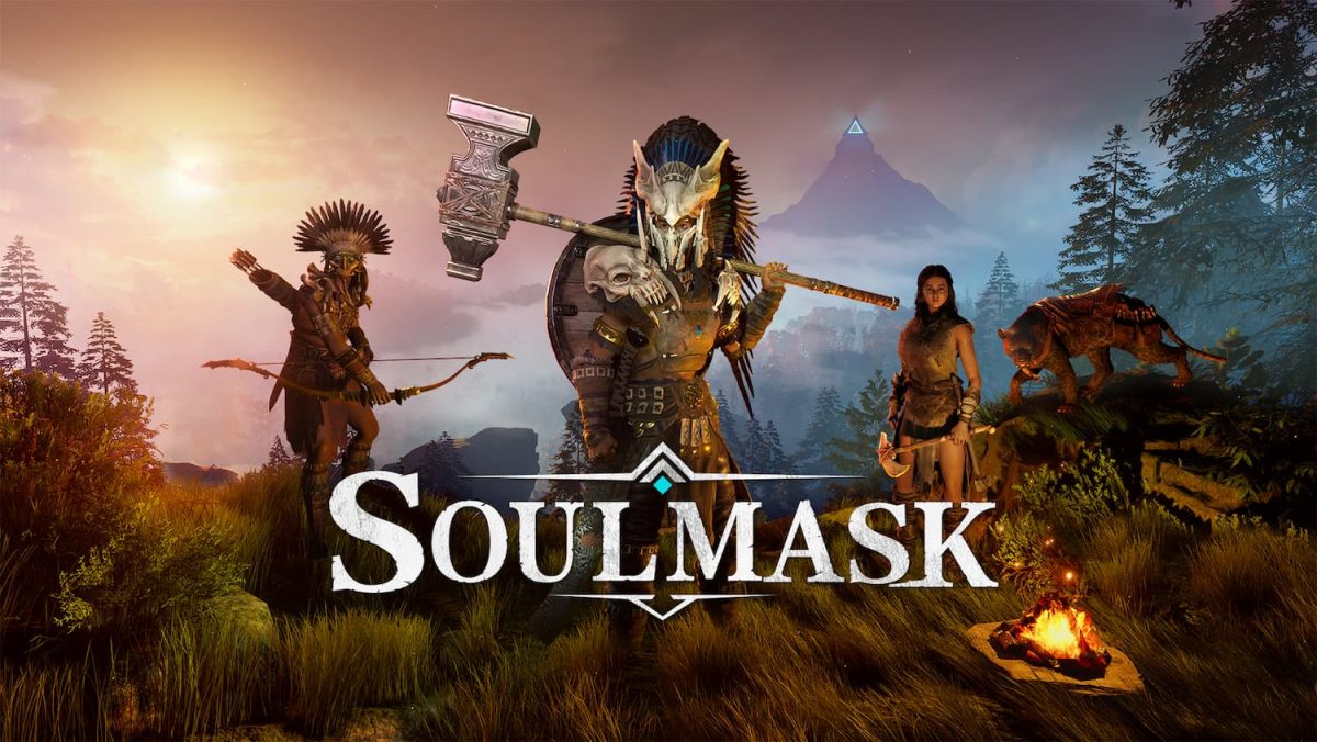 The Soulmask cover art, featuring three characters standing in a row with the Soulmask logo at the bottom.