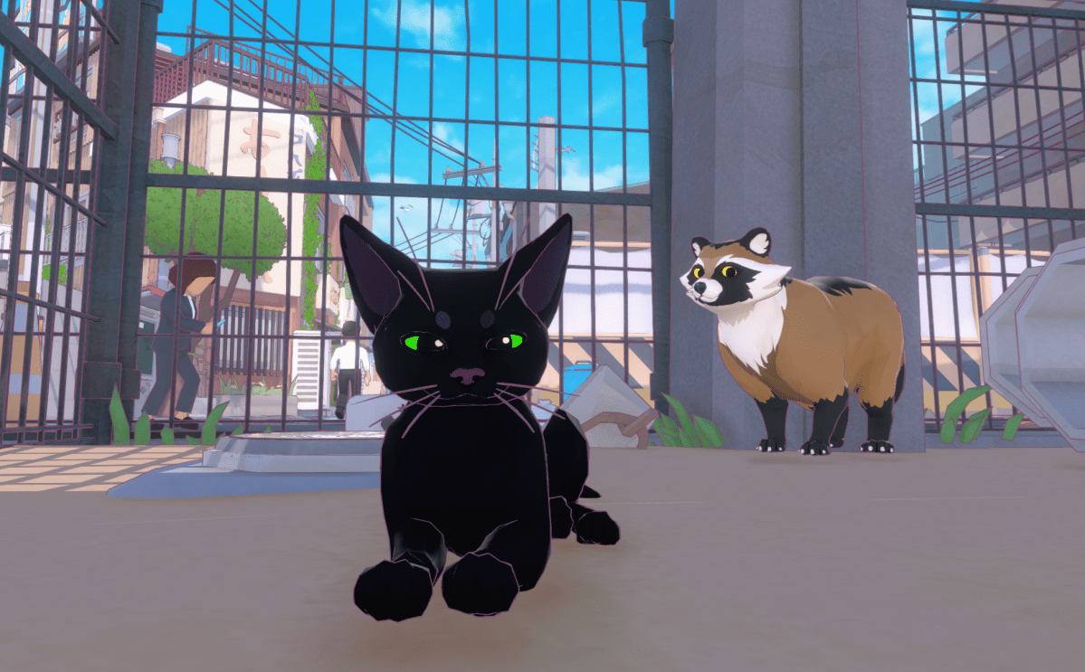 A black cat, the main character of Little Kitty, Big City, sits squinting while a brown raccoon stares at him from behind.
