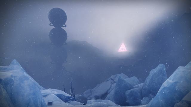 An icy field with the portal to the Traveler's Pale Heart visible in the distance.