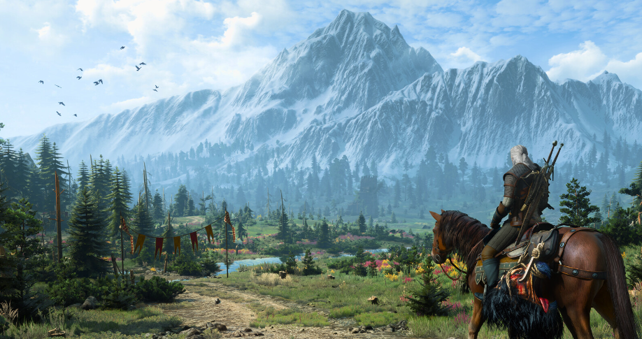 Witcher 3 player on a horse beholding the valley