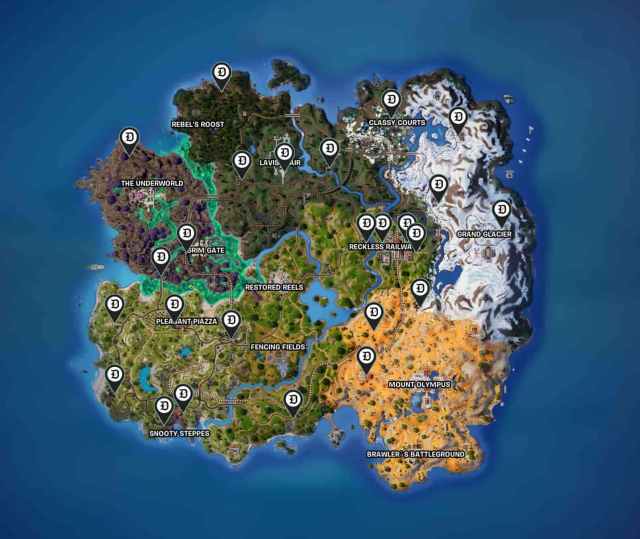 Fortnite map showcasing all locations of the sports cars in the game.