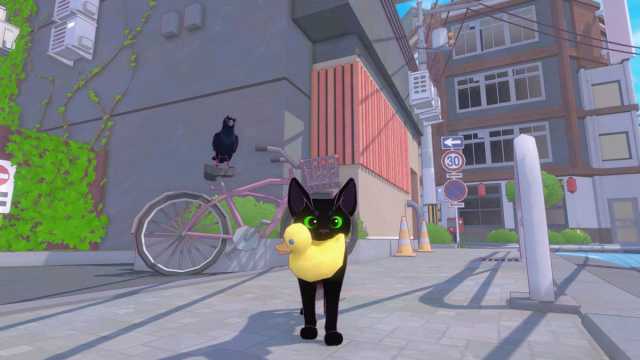 A cat holding a duck toy in Little Kitty, Big City.