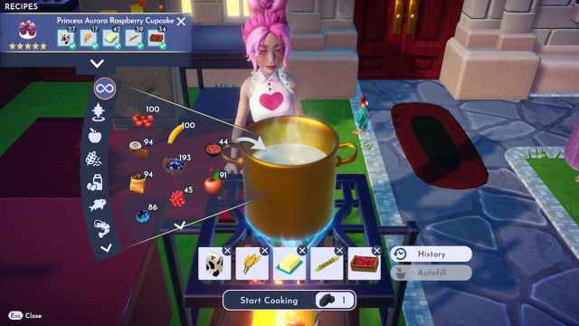 Cooking Princess Aurora Raspberry Cupcakes in Disney Dreamlight Valley.