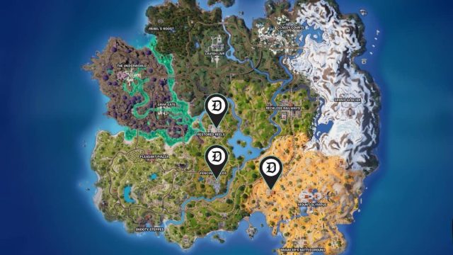 All three Crackling Hourglasses locations marked in Fortnite.