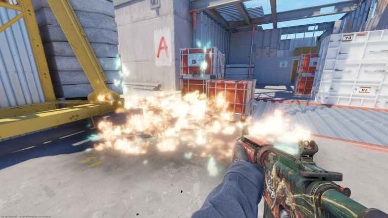 A player holding an M4 rifle stares at an incendiary grenade in Counter-Strike 2.