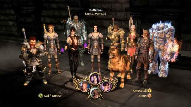 An in game image of the companions in Dragon Age: Origins