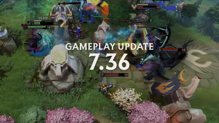 A teamfight in Dota 2 breaks out behind the Gameplay 7.36 update banner.