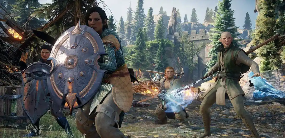 An image of Varric, Cassandra and Solas with the Inquisitor from Dragon Age: Inquisition