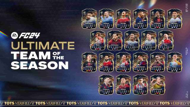EA FC 24 Ultimate Team of the Season all players on a dark blue background