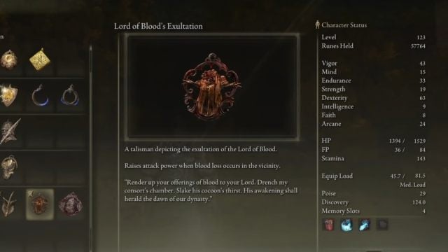 Lord of Blood's Exultation in the in-game inventory UI of Elden Ring