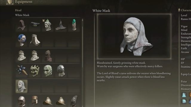 Varre's White Mask in Elden Ring's inventory UI