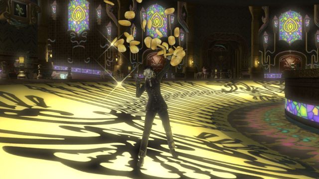 A female Au Ra in a black suit stands in the main square of the Gold Saucer in Final Fantasy 14, joyfully tossing a bunch of coins at the camera.