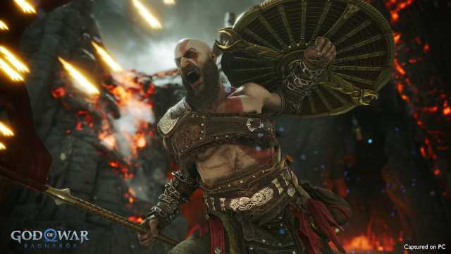 Kratos wielding a spear and shield in God of War Ragnarok
