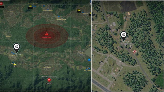 A screenshot of a map of Lamang in Gray Zone Warfare with a marker indicating the location of a quest objective.