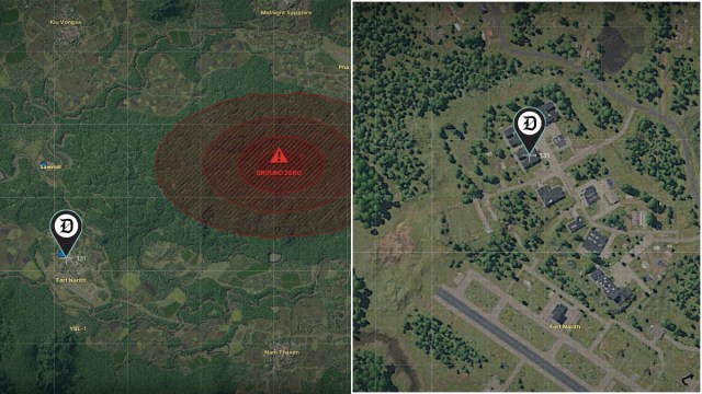 The Gray Zone Warfare map with a marker indicating the location of a mission objective.