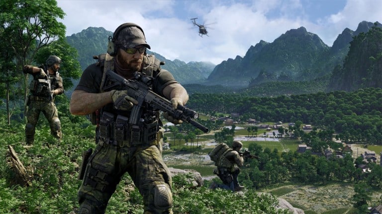 A team of soldiers gear up as a helicopter flies away past a hill in Lamang in Gray Zone Warfare