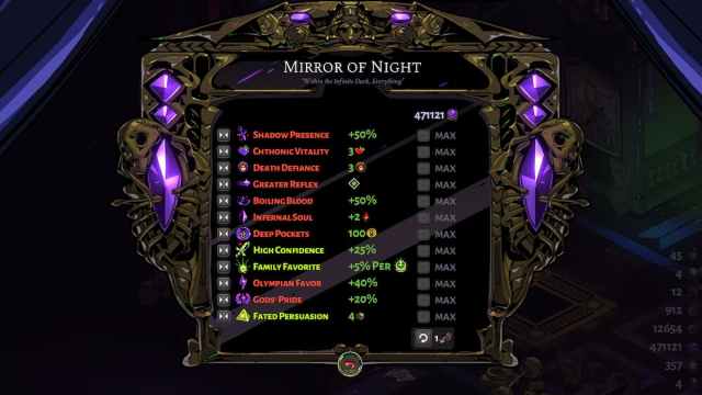 The mirror of night menu in Hades.