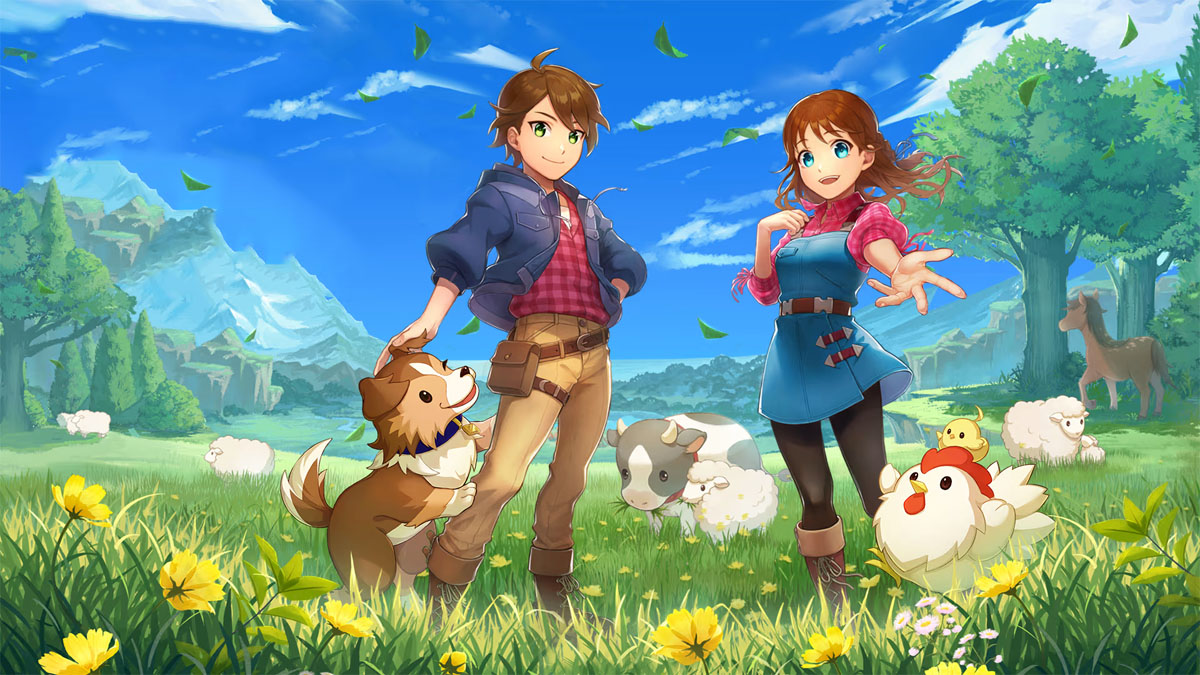 Two characters and a number of animals stand in a field with a mountain in the background in Harvest Moon: The Winds of Anthos.