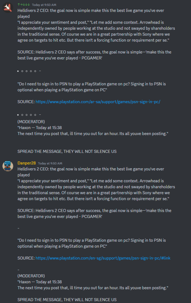 Helldivers 2 Discord copy pasta in response to PSN account link requirements.