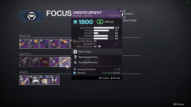 A screenshot of the Vanguard Nightfall Focusing screen at Zavala with the Undercurrent grenade launcher selected.